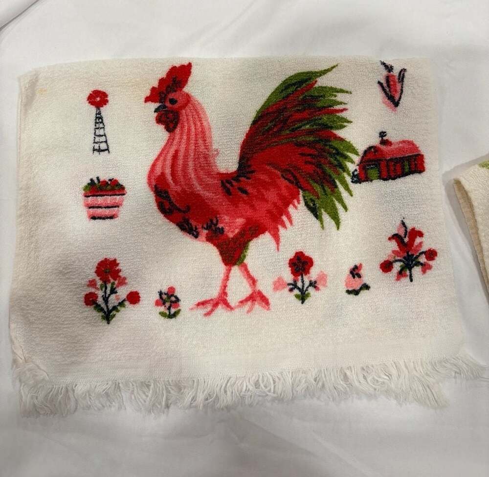 Vintage 1970s Terry Cloth Kitchen Towel Set with Rooster and Rose Floral Prints